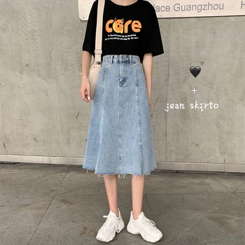 

Korean Midi Denim skirt Women A-Line Skirts Ladies Streetwear Plus Size High Waist Light color Vintage skirt