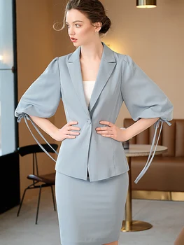 

LANMREM 2020 new spring and summer high quality three quarter sleeves single button blazer and cover hips skirt office set WL568
