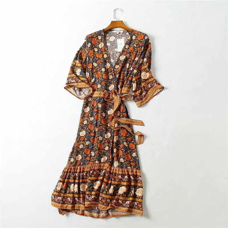 GypsyLady Boho флористическая накидка платье винтажное летнее праздничное винтажное платье женское с v-образным вырезом кружевное сексуальное длинное пляжное платье
