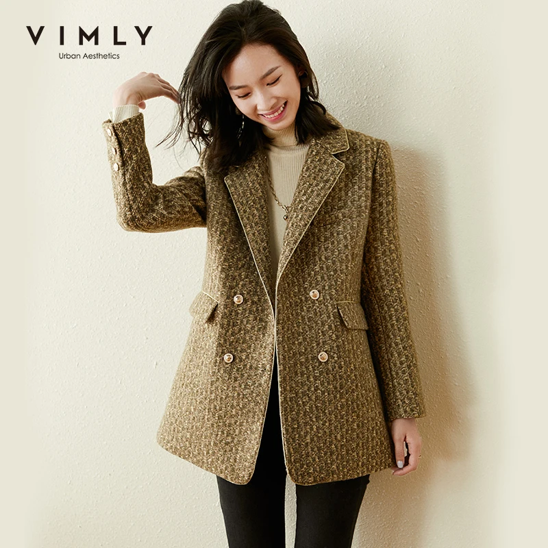 Зимние шерстяные пальто Vimly для женщин винтажные тёплые двубортные куртки с отложным воротником элегантные