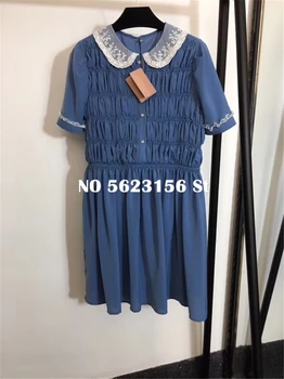 

Summer Vintage women dresses lace peter pan collar diamond button decoration short sleeve party dress high quality
