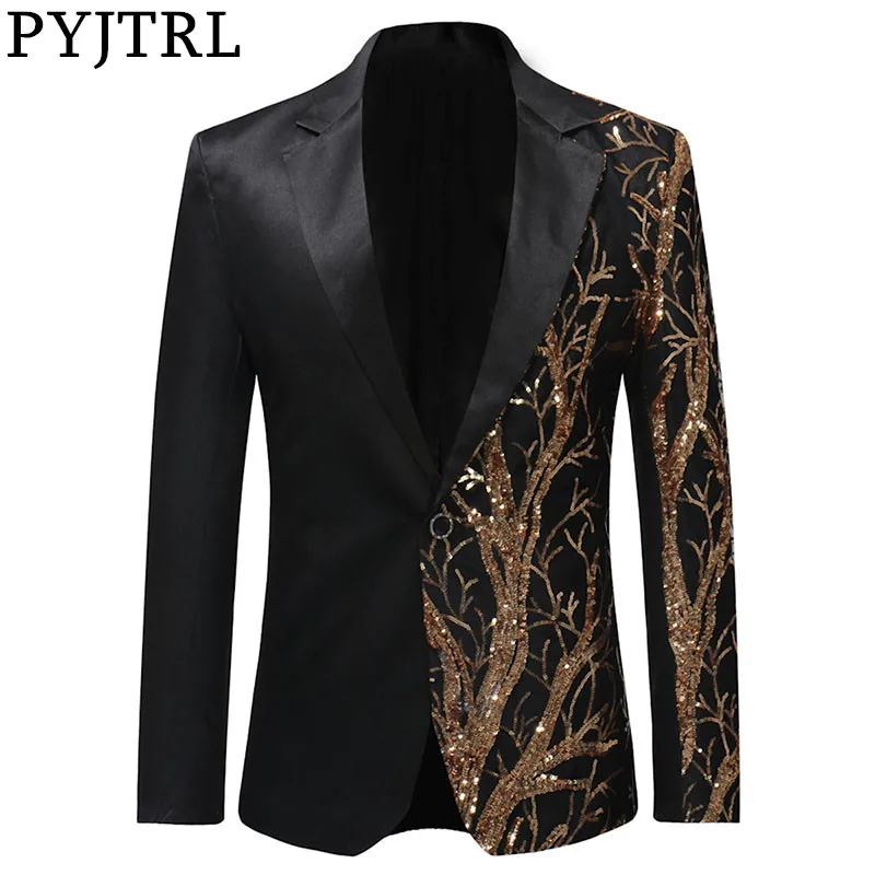 Jaqueta de Baile para Homens Preta com Lantejoulas Pyjtrl Jaqueta Masculina Douradas Slim Fit Estilo Hip Hop Palco