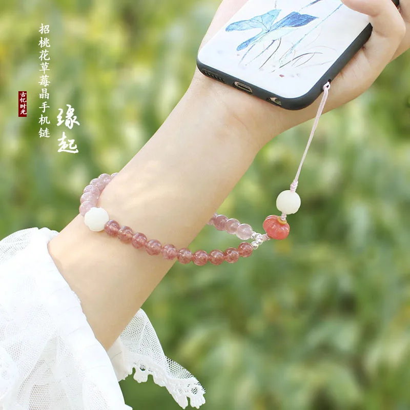 Neue kurze handy kette Erdbeere kristall handy lanyard Bodhi abnehmbaren telefon fall anhänger handgelenk gurt
