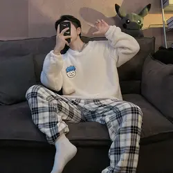 Autumn and Winter New Long-sleeved Solid Color Printing Wild Loose Simple Fashion Trend Home Wear Pajamas Warm Pajamas