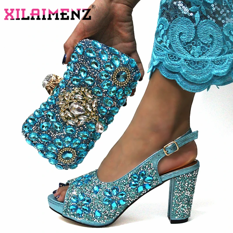 Элегантный комплект из обуви и сумки в африканском стиле; Небесно-голубой цвет; Новое поступление; босоножки с петлей на пятке для свадьбы; женская обувь с сумочкой