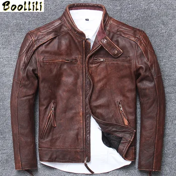 

Boollili Genuine Leather Jacket Men Real Cow Leather Coat Vintage Motorcycle Jacket Man Short Brown Cowhide Coats