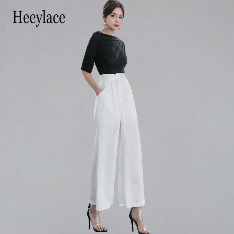 

2019 New Short Sleeve T-shirts Women Black Slash Neck Sexy Tops & Ankle-length Loose Wid Leg Suits Pants 2-piece Set