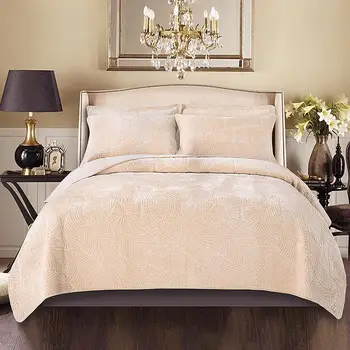 

45 FleeceStitchLeaves Chic Quilt Coverlet Bedspread Blanket+Two Pillow Shams Queen size Gray Beige Ultra Soft Warm Bed cover set