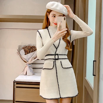 

Fashion Women Streetwear Woolen Cloth Vest Jacket 2020 Spring Autumn New Female Patchwork Cardigan With Belt Slim Blend Coat