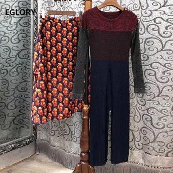

High Quality Sweater Dress Set 2019 Autumn Women Split Sexy Long Sleeve Knitted Dress+Floral Print Mid-Calf Skirt Set Two Piece