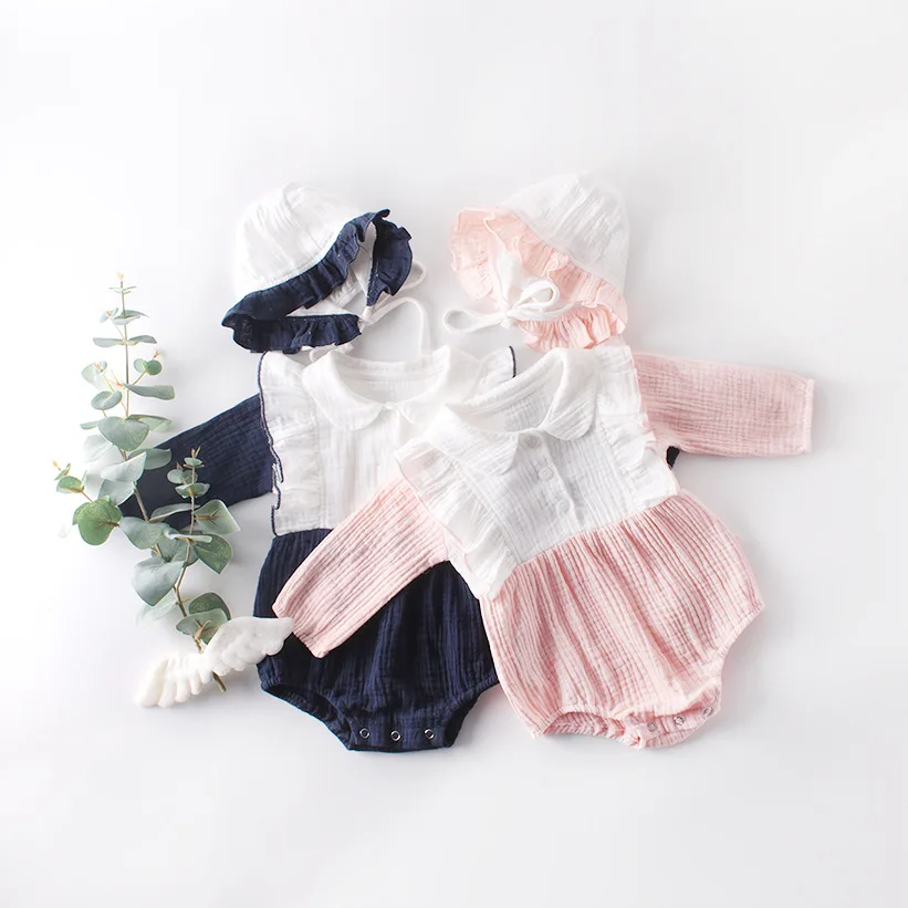 

Spring Autumn Girls Baby Splice Double-sided Cotton Climb Clothes Newborn Kids Long Sleeve Rompers Toddler Jumpsuits with Hat