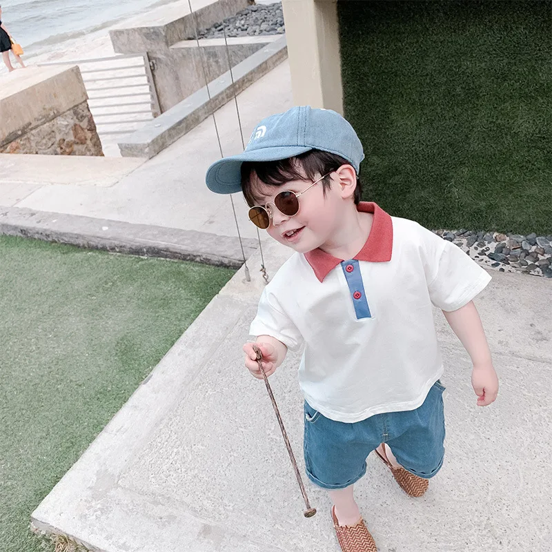 Baby boys cotton turn-down collar short sleeve T shirts Summer fashion contrast color pullovers |
