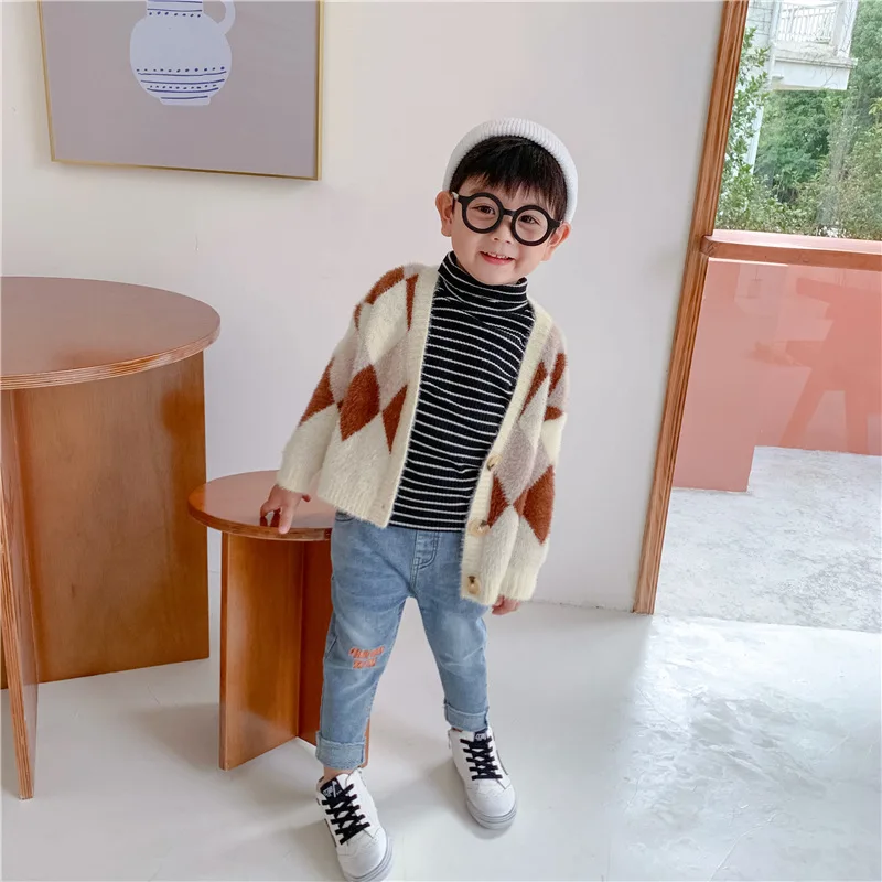 Autumn Winter Thicken Warm Baby Kids Cardigan Mink Cashmere Plaid Children Sweater Single Breasted Boys Girls Outwear 24M-8T