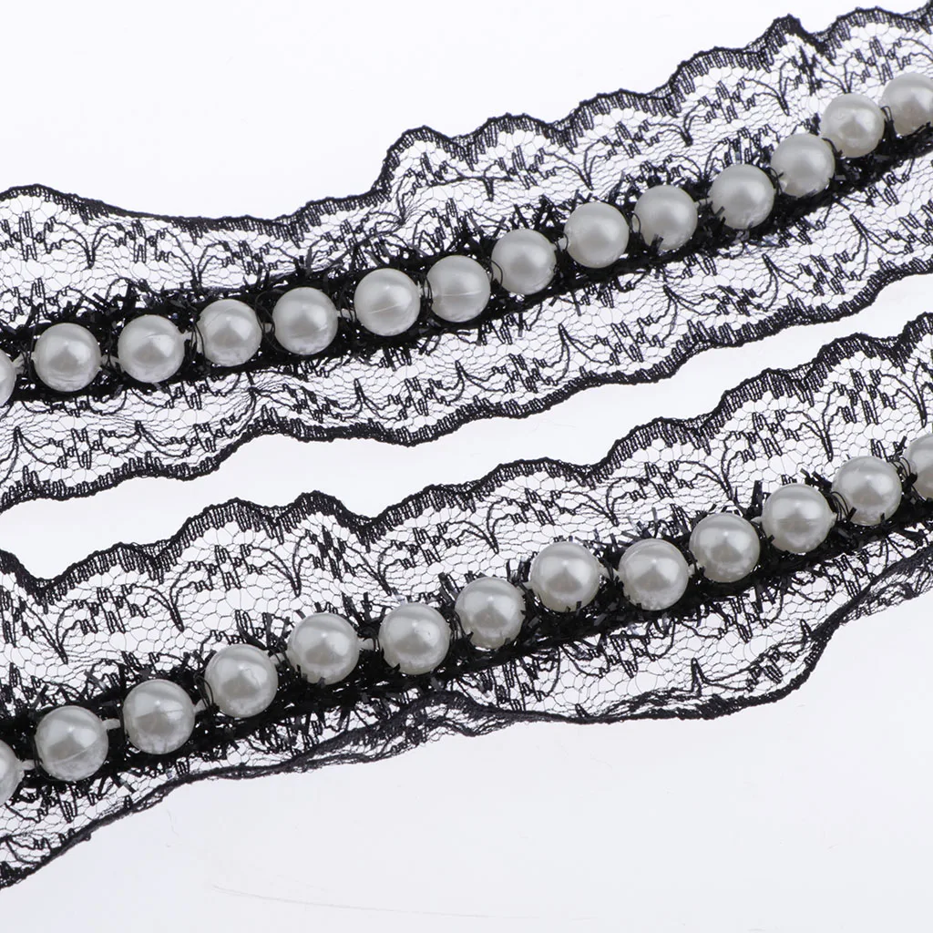 1 Yard Embroidery Lace Ribbon Trim with Pearl Cushion Curtain Ornament Tulle Mesh Craft Ribbon for Dress Decor Sewing Accessory