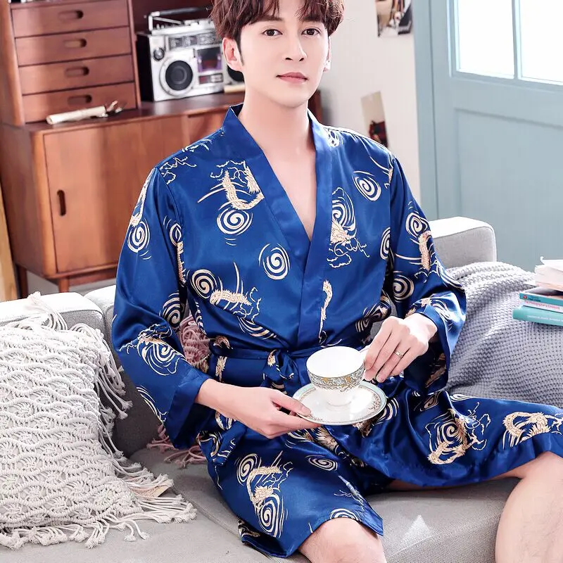 men's silk robe long pajamas solid sleepwear men bathrobe long sleeve kimono loungewear dressing gown - Цвет: color12