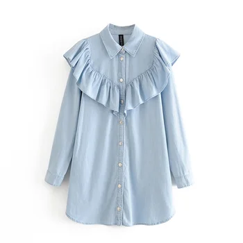 

2020 Spring Women's New Long Sleeve Lapel Chest Laminated Short Dress Shirt Style Breasted Denim Mini Dress