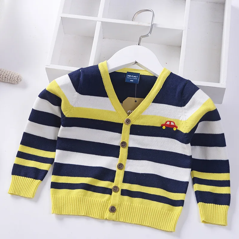

Young Children V-neck Cardigan Sweater 2019 Spring New Products Embroidered Small Car Baby Cardigan Fine Sweater Single Breasted
