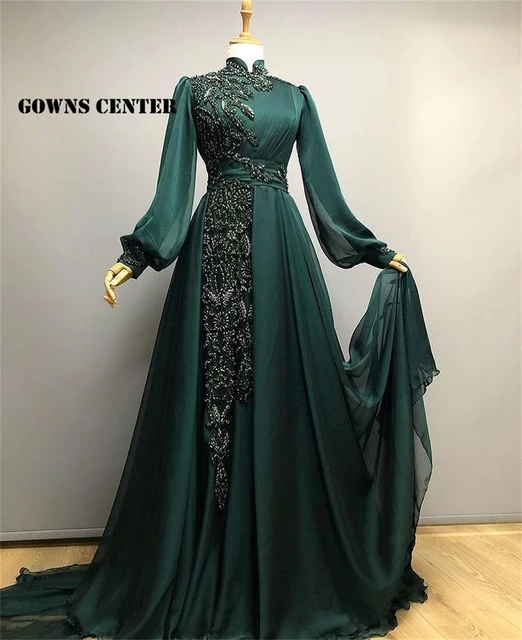 Luxury Muslim Evening Dress Long Sleeves Turkey Beaded Party Dresses A Line Formal Gown robe de soirée femme 1