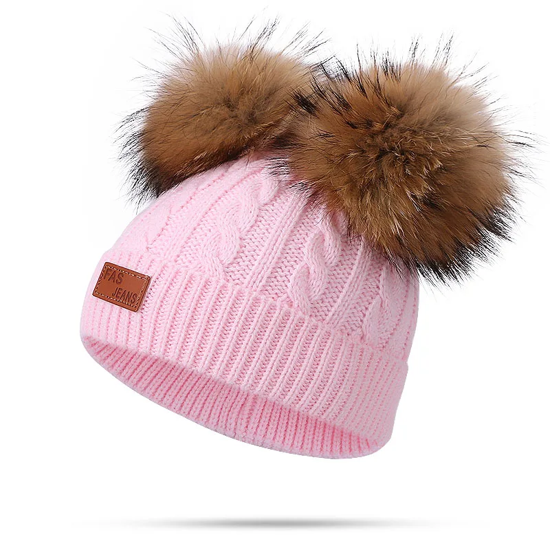 Детская шапка для девочек, настоящий помпон Лисий мех, шапка, зимние теплые шапки, вязаные шапки Skullies, чистый цвет, полосатая шапка, енот, для улицы - Цвет: M