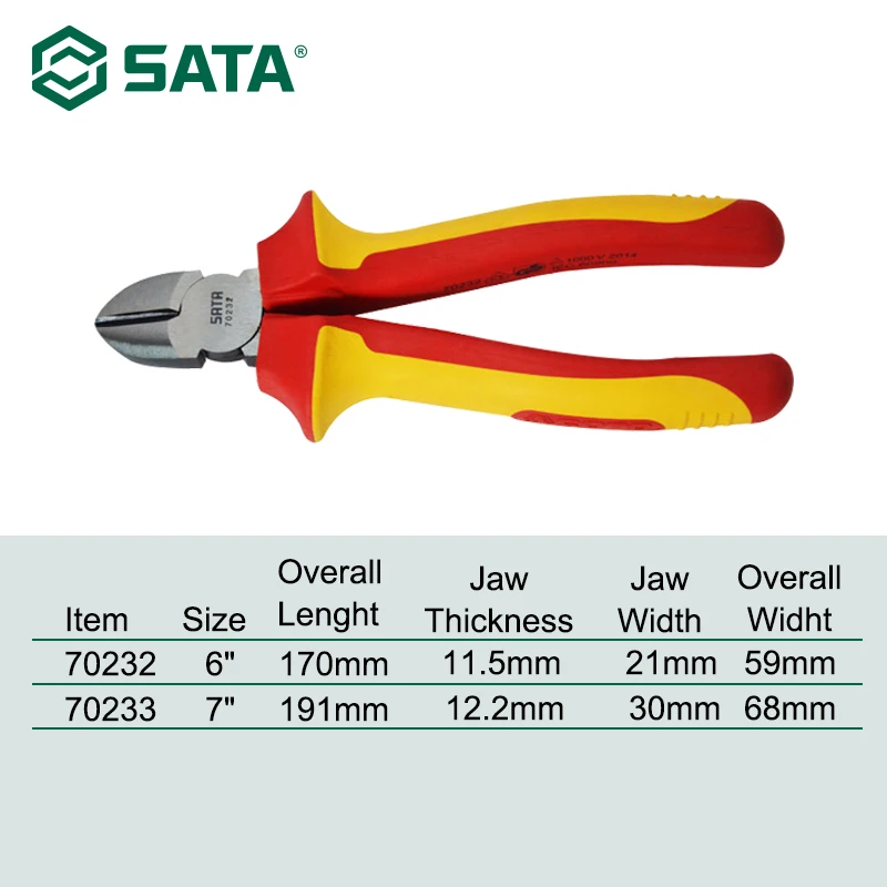 SATA VDE Изолированные плоскогубцы электрика устойчивые к давлению диагональные плоскогубцы резак диагональные плоскогубцы 1000 В Протестировано 70232