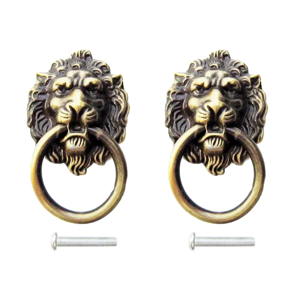 2pcs Antique Brass Metal Lion Head Drawer Ring Door Pull Handle Dresser Drawer