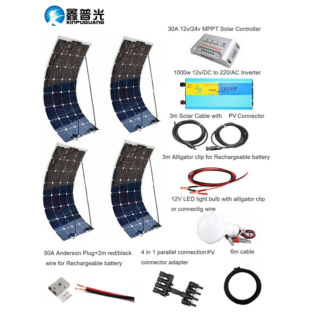 XINPUGUANG-400W-Professional-DIY-Kit-RV-Boat-Marinha-4PCS-do-Sistema-Solar-Em-Casa-100W-flex