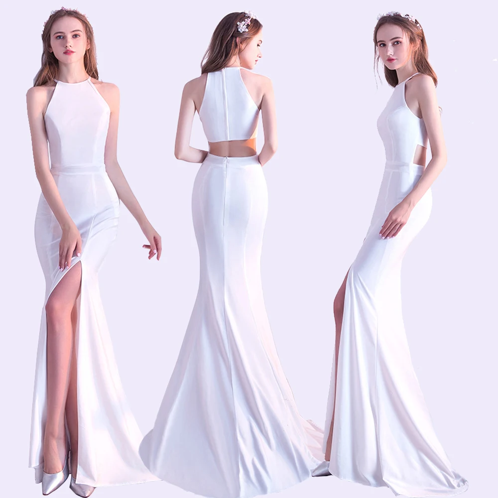 

Sexy White Long Evening Dress 2020 New High Split Sleeveless Robe de Soiree Halter Dresses Lady Slim Mermaid Formal Gown