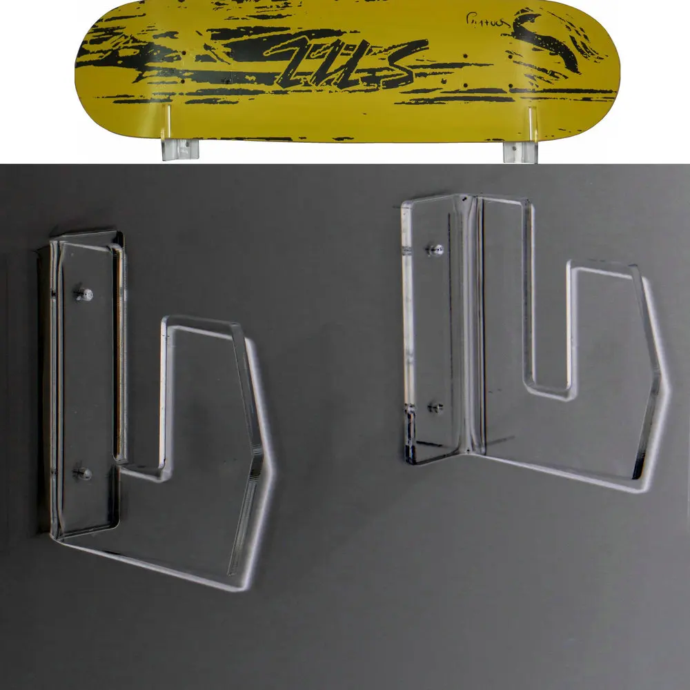

PAIR OF CLEAR ACRYLIC SKATEBOARD MOUNTS DECK WALL HANGING BRACKETS DISPLAY