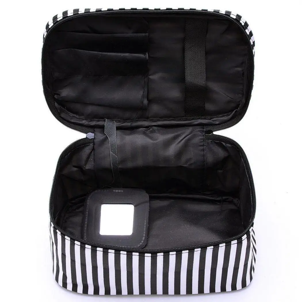 Women Fashion Lips Stripes Large Capacity Zipper Lips, Black White/Purple Black Makeup Storage Bag