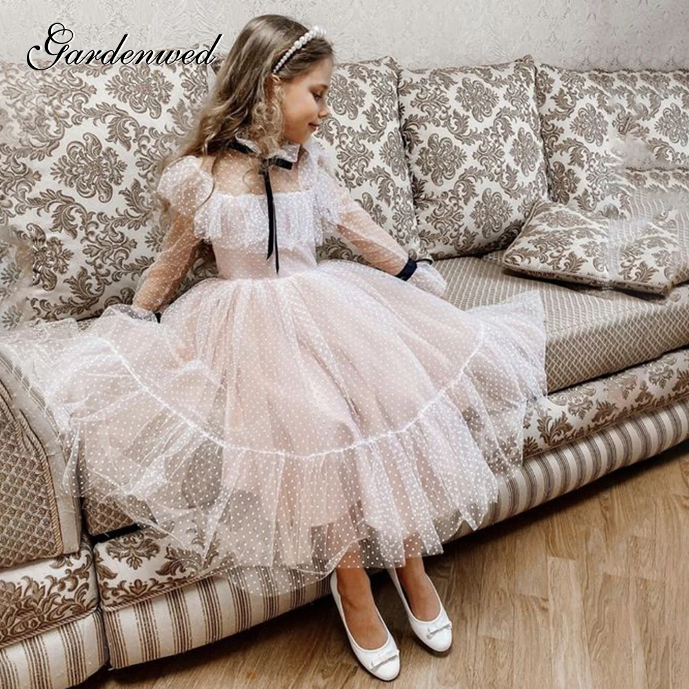 Polka-dot Tulle Flower Girl Dresses Illusion Long Sleeves Girl Wedding Party Dress Ribbons Communion Dress Birthday New Year