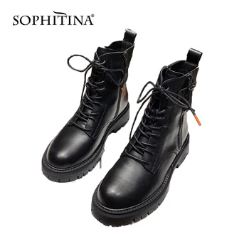 

SOPHITINA Winter Martin Ankle Boots Woman Punk Genuine Leather Warm Round Toe Non-slip Lace Up Zipper Short Boots Shoes PO790