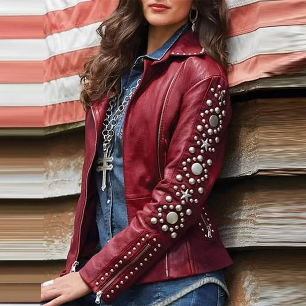 

PU Leather Women Jackets 2020 New Ladies Solid Lapel Zip Jacket Long Sleeve Coat Studs Short Outerwear