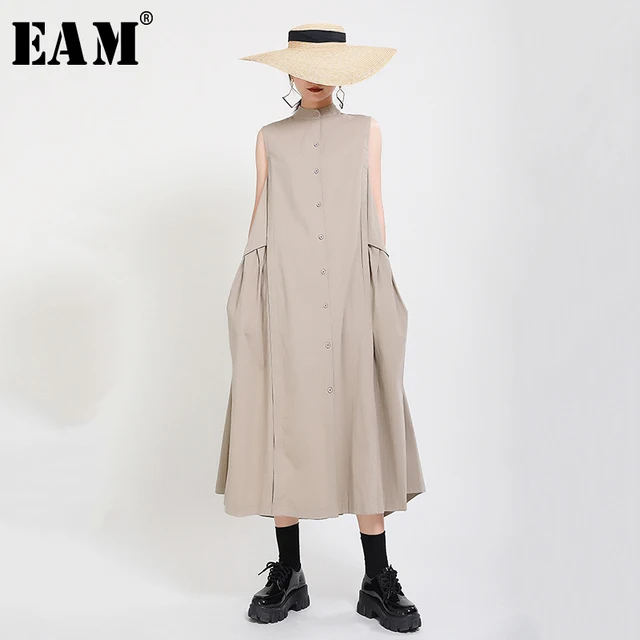 [EAM] Women Khaki Split Pleated Long  Dress New Stand Collar Sleeveless Loose Fit Fashion Tide Spring Summer 2022 1Y353 1