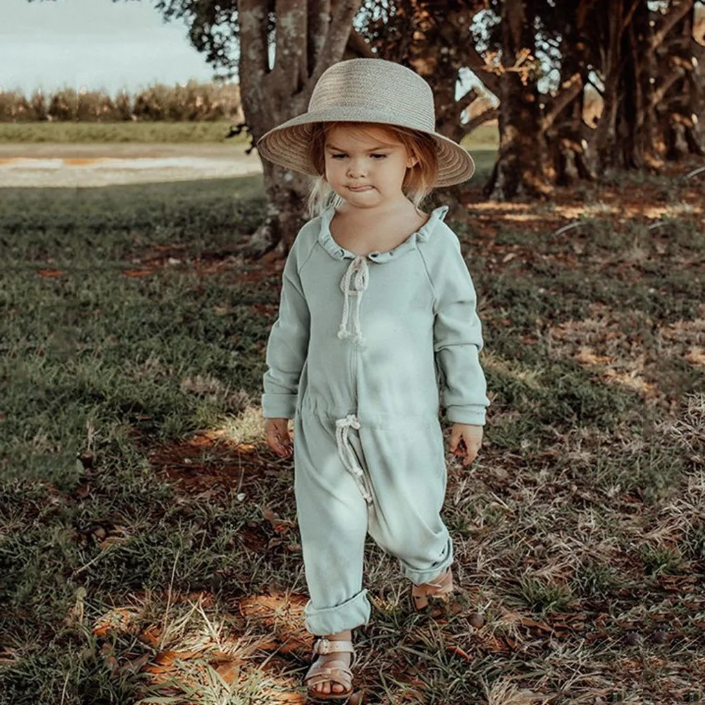 2019 Solid color long-sleeved ruffled tie pits romper newborn baby girl lace-up jumpsuit neonato 40* | Детская одежда и обувь