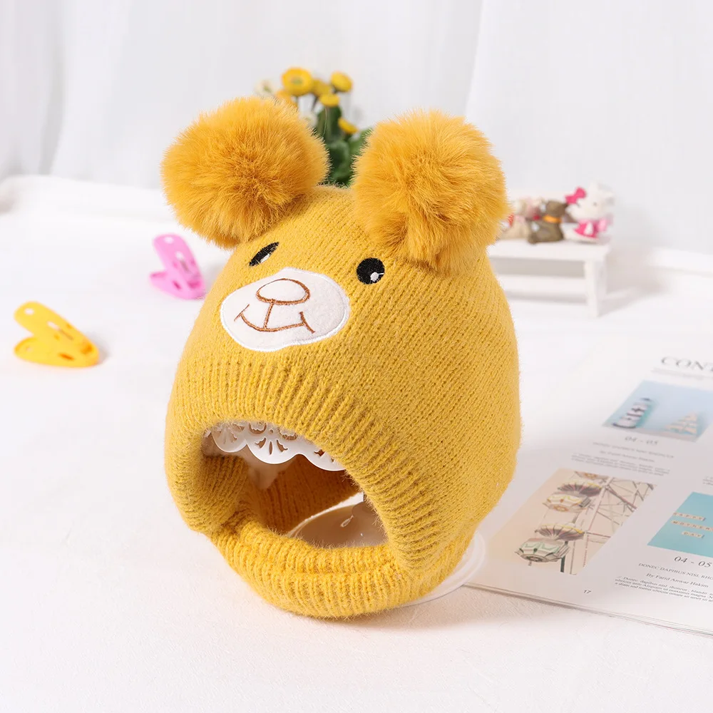 Цвет: желтый Baby boy girl hats Cartoon smile face bear autumn and winter new children's warm wool hat 1-4 years old baby Korean knit hat - Цвет: Цвет: желтый