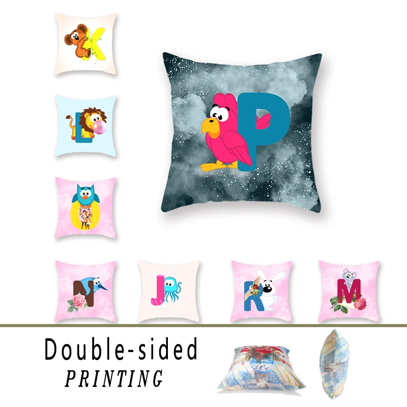 

Cartoon Pink Double-sided Polyester Letter Pillowcase Lion Mouse Octopus Print Pattern Home Sofa Decoration Cushion Cover