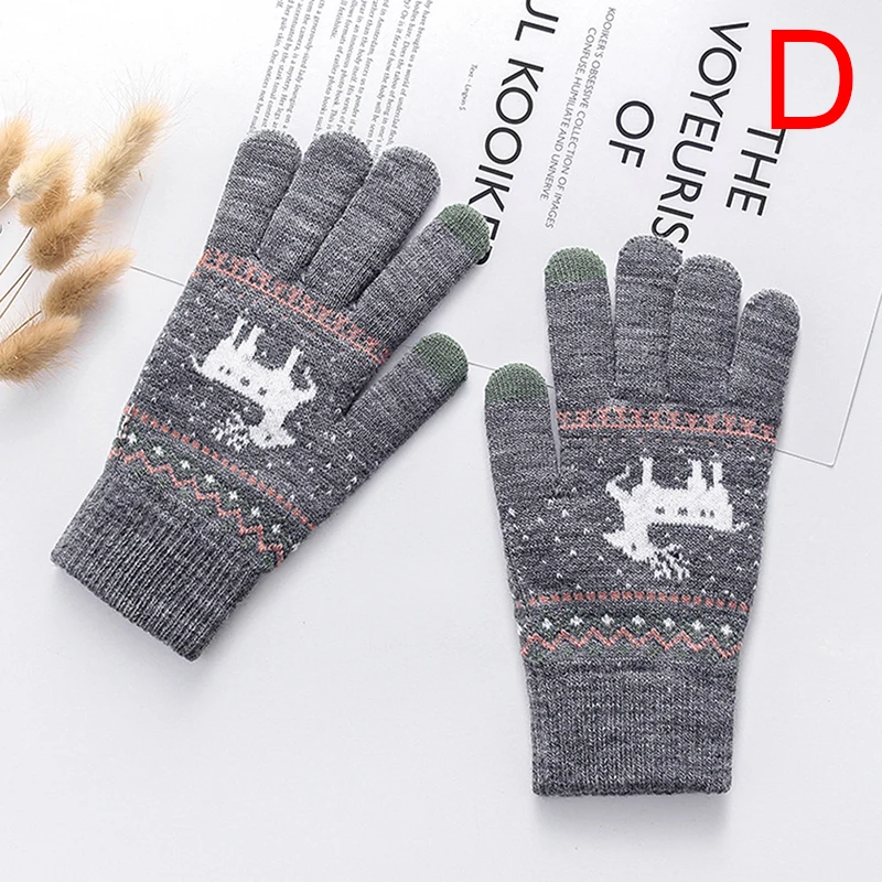 1 пара, Женские винтажные вязаные перчатки с рождественским оленем, утепленные перчатки с сенсорным экраном, зимние теплые варежки с изображением снежного лося, полный палец, рождественский подарок - Цвет: D