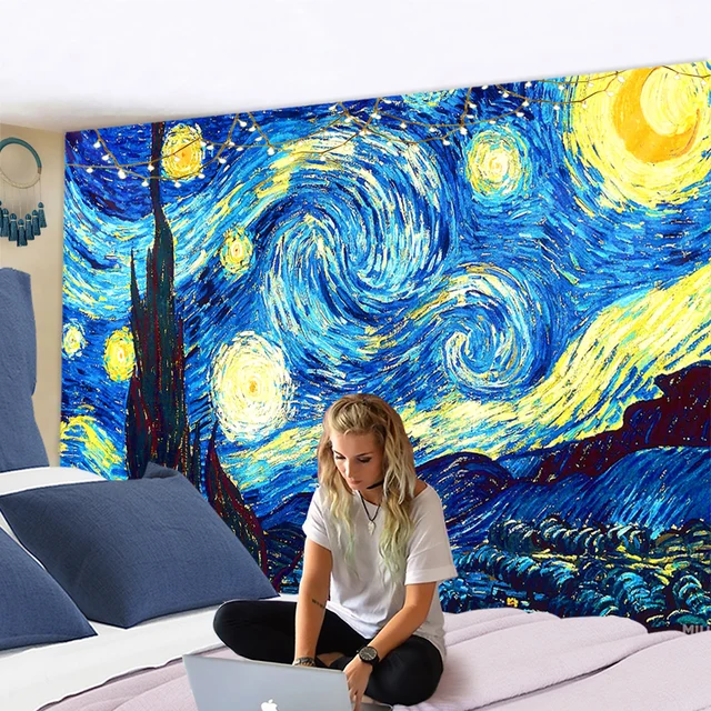 Tapisserie célèbre Van Gogh imprimé couverture tenture murale étoile lune nuit tapisserie décorative couverture tissu chambre 200x150 cm grand 5