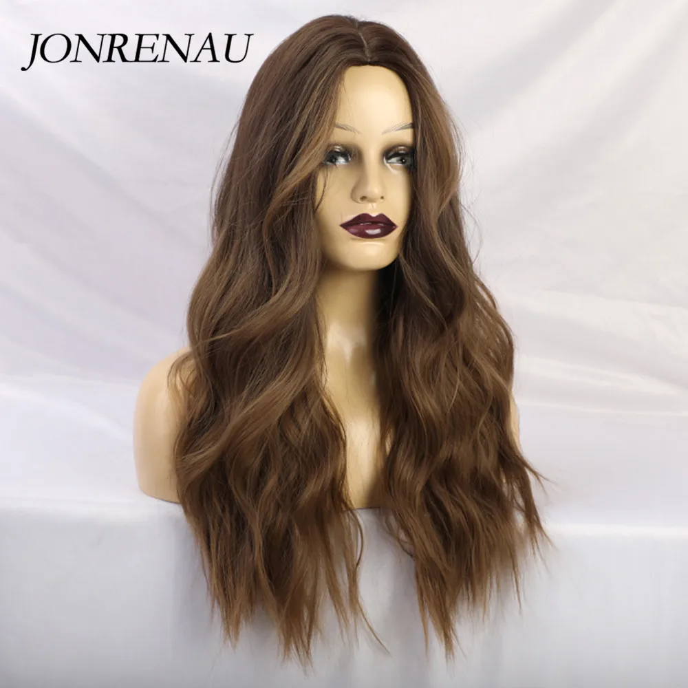 JONRENAU Длинные Синтетические Ombre коричневый до блонд Золотой натуральные волнистые волосы парики для белых/черных женщин повседневная одежда