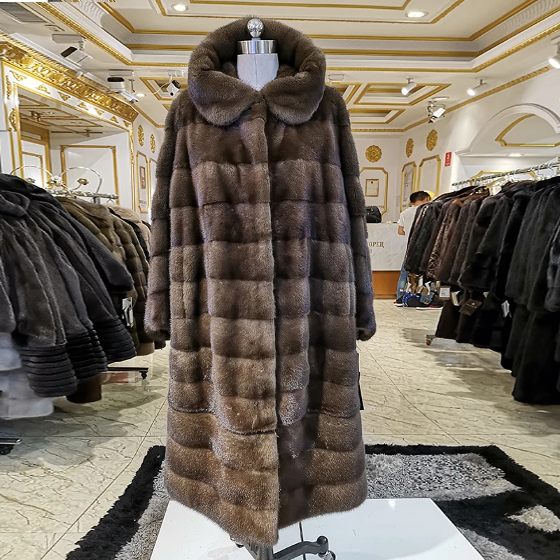 2020 коричневое меховое пальто с шапкой Норковое Свободное из натурального меха