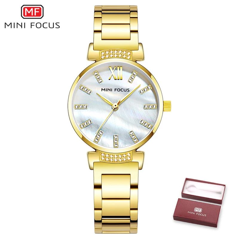 Gold MINIFOCUS водонепроницаемые женские часы новые роскошные модные кварцевые женские часы синие наручные часы из нержавеющей стали Montre Femme - Цвет: Gold