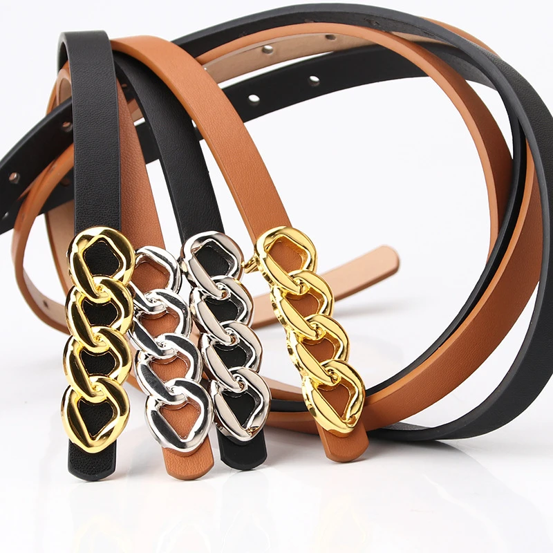 Fashion Gold Silver Metal Buckle Women Belts Chain Buckle Leather Thin Belt for Dress Shirts Female Ladies Girls Belts black leather belt womens