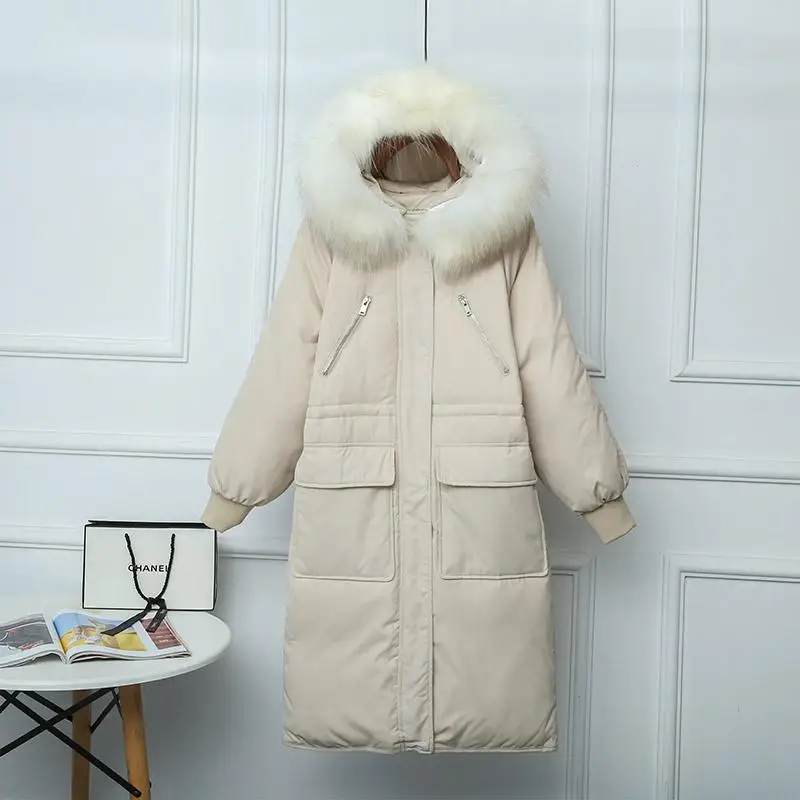 Fitaylor большой натуральный мех енота с капюшоном зимняя куртка для женщин 90% белый утиный пух толстые парки теплый пояс завязывать снег пальто - Цвет: Бежевый