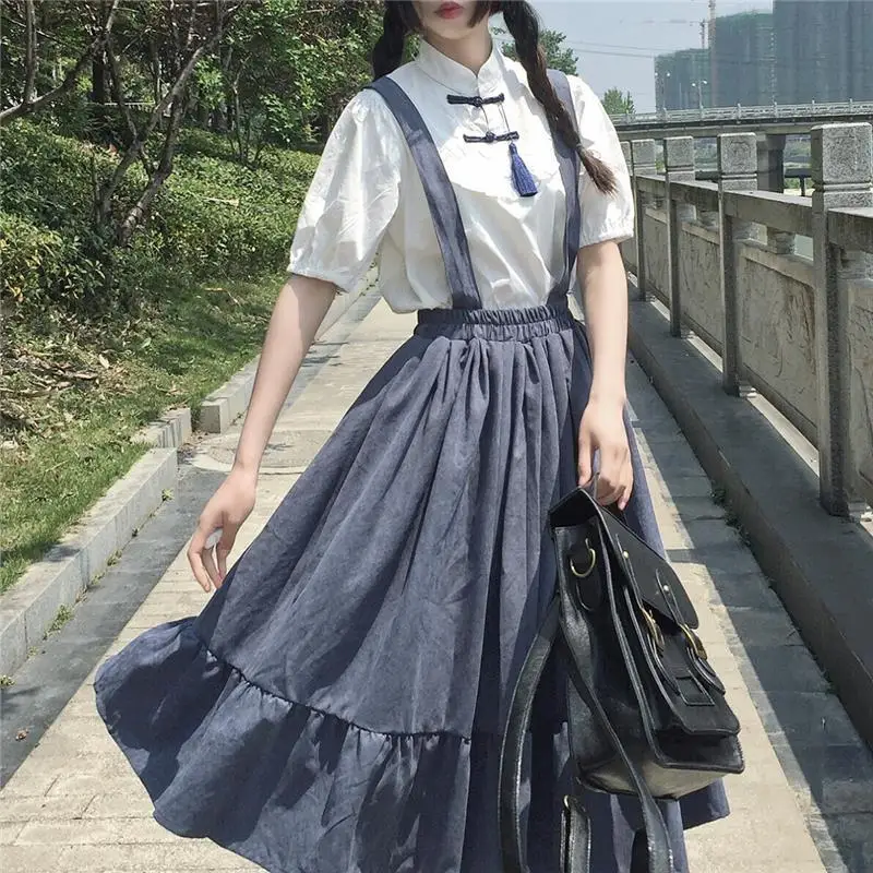 New Sweet Women Skirt Preppy Style Strap Long Skirt Ruffles Loose Cute Student Casual Skirt Female Skirts 2022 HOT nike tennis skirt