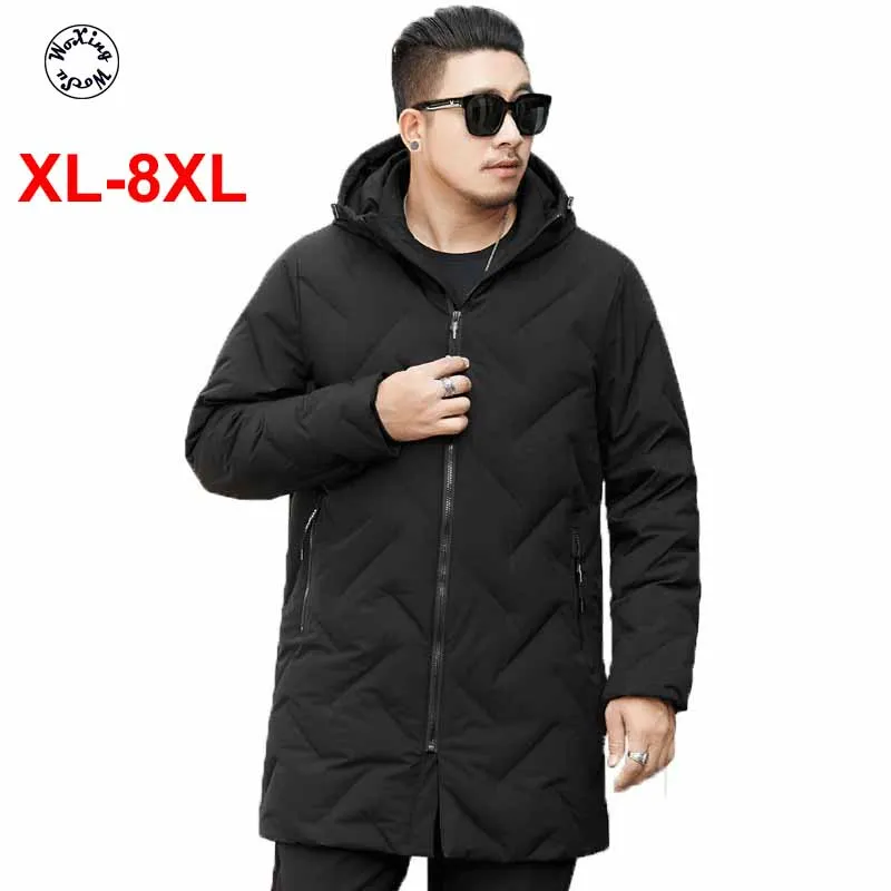 

8XL Men's hooded down jacket loose and thickened mid long white duck down coat fashion winter warm coat M to 8XL