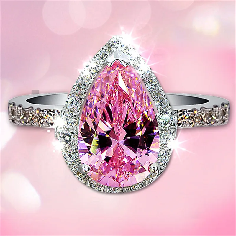 Vecalon, женское кольцо в форме капли воды, 925 пробы, silver3ct, AAAAA, Cz, обручальное кольцо, кольца для женщин, свадебные ювелирные изделия - Цвет основного камня: Розовый