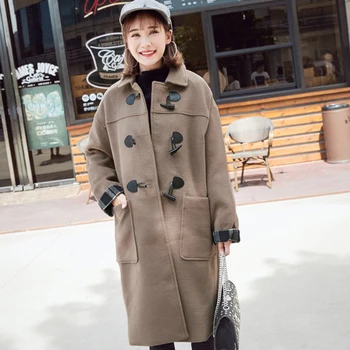 

Retro Horn Buckle Long Woolen Coats Women Winter Casual Warm Pockets Wool Blends Jacket Office Lady Korean Loose Long Outerwears