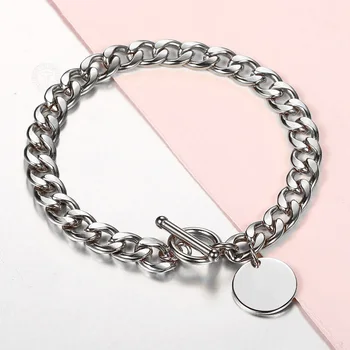 

8mm Gold Silver Color Stainless Steel Cuban Curb Link Chain Bracelet Personalized Name Round Charm Bangle Toggle Clasp DBM76