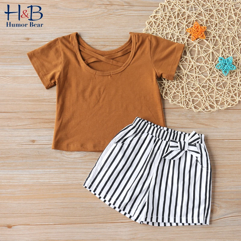 

Humor Bear Girls Clothes Set Summer Short Sleeve Round Neck T-Shirt +Striped Shorts 2pcs Casual Kids Clothes