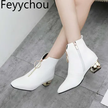 

Women Boots Autumn Winter Med Heel Warm Pu Square Toe Zip Ankle Chelsea Martin Shoe 2018 New Sexy Fashion Casual Black Brown